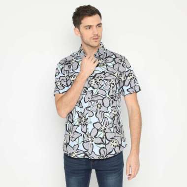 Platini Baju Kemeja Motif Hawai Pria Lengan Pendek Katun Biru Abu 73268 L