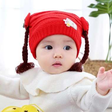 SB EMERALD HAT Kupluk RAJUT Anak Bayi Perempuan Cewek WIG KEPANG RAMBUT PALSU Baby Hat Lucu Emerald 