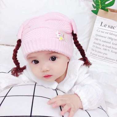 SB EMERALD HAT Kupluk RAJUT Anak Bayi Perempuan Cewek WIG KEPANG RAMBUT PALSU Baby Hat Lucu Emerald 