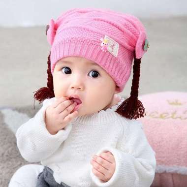 SB EMERALD HAT Kupluk RAJUT Anak Bayi Perempuan Cewek WIG KEPANG RAMBUT PALSU Baby Hat Lucu Emerald 