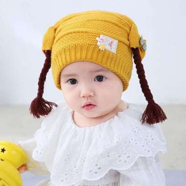 SB EMERALD HAT Kupluk RAJUT Anak Bayi Perempuan Cewek WIG KEPANG RAMBUT PALSU Baby Hat Lucu Emerald 