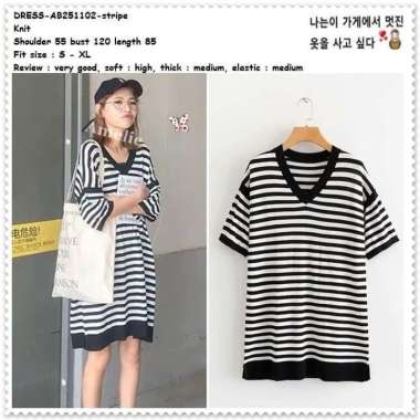 AB251102 Mini Dress Garis Hitam Putih Rajut Wanita Korea Import Jumbo