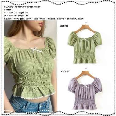 AB459904 Baju Atasan Blouse Kotak Wanita Korea Import Lilac Ungu Green