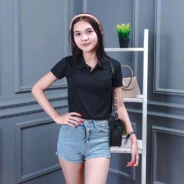 Kaos Polo Wanita Crop Top Polo Wanita Polos Crop Top Wanita Korea Hitam