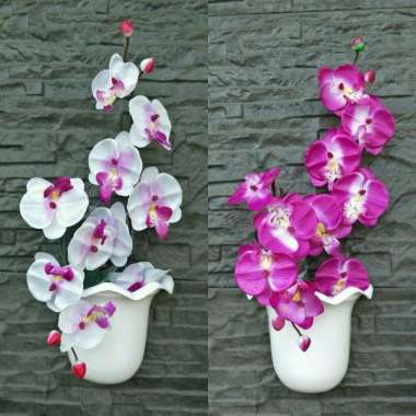 Set bunga plastik anggrek dengan pot dinding plastik warna Fanta