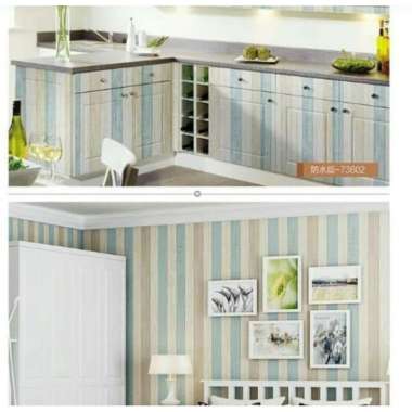 Wallpaper Dinding Stiker Salur Kayu Garis Kayu Stripe Papan Tripleks Biru Putih Coklat GH CY HIGH QU