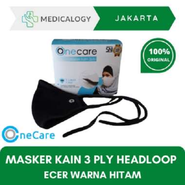 Masker Kain 3 Ply Headloop Hijab Onecare Standar SNI Ecer Warna Hitam - hitam