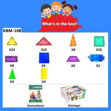 Kebo Mag Wisdom Magnetic Tiles 108 Pcs mainan edukasi magnet susun