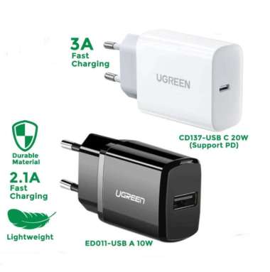 Wall Charger Kepala Adaptor iPhone 20W/10W UGREEN USB Type C PD 4.0 QC CD137-USB C 20W White