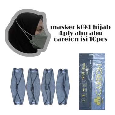 MASKER KF94 HIJAB HEADLOOP 4 PLY ISI 10 PCS CAREION 3D MASK WARNA DEWASA 1090 ABU MUDA