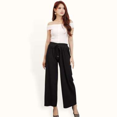 Celana Kulot kaki lebar wanita gaya korea model ploi flisket lidi - Jfashion Bonita Hitam