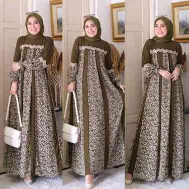 Laura Dress - Baju gamis motif bunga kecil - Dress wanita muslim renda olive