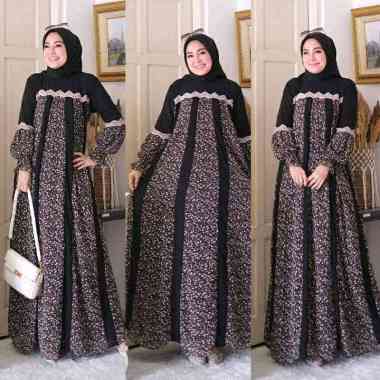 Laura Dress - Baju gamis motif bunga kecil - Dress wanita muslim renda hitam