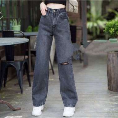 CELANA HIGHWAIST KULOT LOOSE JEANS WANITA SOBEK LUTUT 33 SNOWBLACK