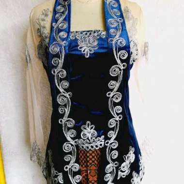 Krbaya Kutubaru Wanita Bludru Kombinasi Tile Bordir Sulur Kebaya Set Rok Biru