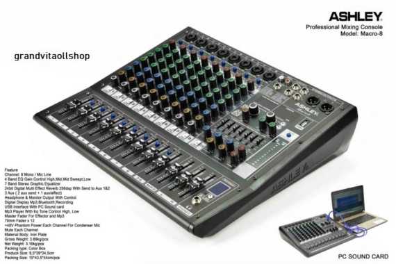 MIXER AUDIO ASHLEY MACRO 8 / MACRO8 ORIGINAL 8 CHANNEL hitam