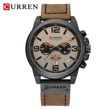 CURREN 8314 Jam Tangan Pria Analog Tali Kulit Chronograph Aktif Light-Brown Gray