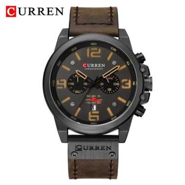 CURREN 8314 Jam Tangan Pria Analog Tali Kulit Chronograph Aktif Dark-Brown Hitam