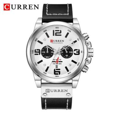 CURREN 8314 Jam Tangan Pria Analog Tali Kulit Chronograph Aktif Hitam Putih