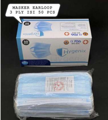 HYGENIX MASKER EARLOOP 3 PLY ISI 50 PCS FACE MASK DISPOSABLE MURAH!