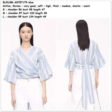 AB757179 Baju Atasan Lengan Balon Wanita Puff Blouse Korea Import Biru