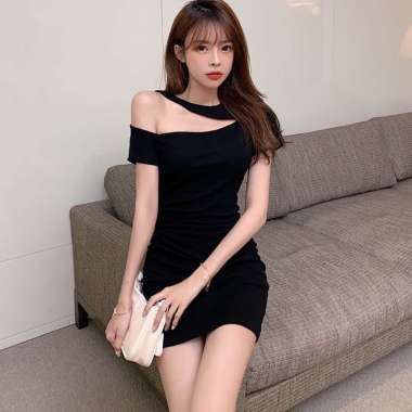 Newlan QZ019 Mini Dress Korea Dress Bodycon Sexy Fashion Korean Bodycon Mini Dress Wanita Lengan Pendek XL Hitam