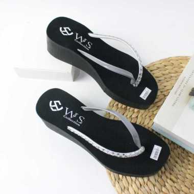 Sandal Wedges Wanita Motif Mutiara Terbaru 2023 39 Hitam