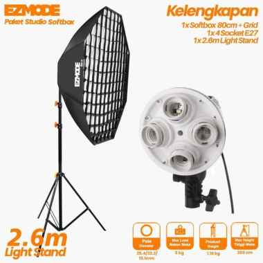 EZMODE 4 Socket E27 Lamp Softbox Octagon 80cm with Grid + Stand Lighting
