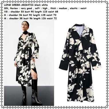 AB264722 Silk Long Dress Midi Wanita Korea Import Hitam Putih Tunik