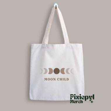 Tote Bag Aesthetic Moon Child Premium Canvas With Resleting Putih