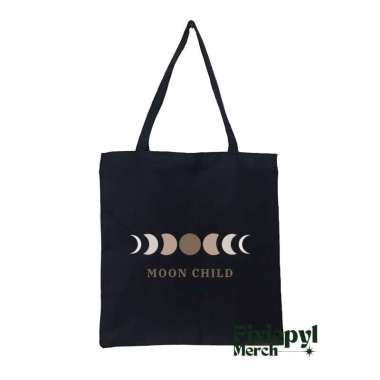 Tote Bag Aesthetic Moon Child Premium Canvas With Resleting Hitam