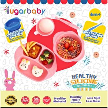 SUGAR BABY 4 in1 Healthy Silicone Feeding Set - Peralatan Makan Bayi - Merah Muda