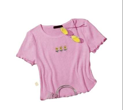 Kaos Wanita Murah Terbaru Gaya Korea Triple Sunflo Kriwil Top Rib Abu Muda