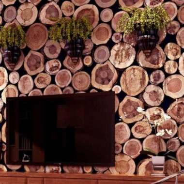 Wallpaper sticker dinding motif potongan kayu cokelat 3D