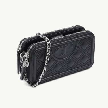 TORY BURCH Mini Fleming Double Zip Shoulder Bag in Black/Silver