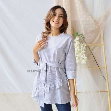 ELLIPSESINC Atasan Blouse Salur Stripes Ruffle Top L BIRU TUA