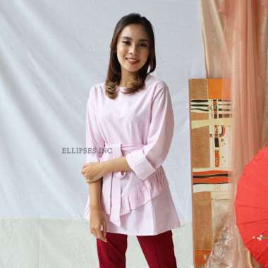 ELLIPSESINC Atasan Blouse Salur Stripes Ruffle Top L MERAH