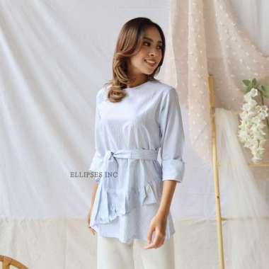 ELLIPSESINC Atasan Blouse Salur Stripes Ruffle Top L BIRU MUDA