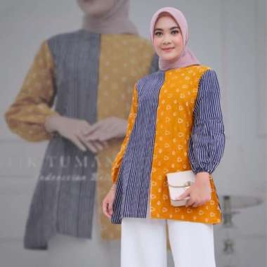 BLOUSE DANIRA Atasan Batik Wanita Warna Kuning Kunyit Mix Navy Blus Batik Blouse Batik Seragam Batik