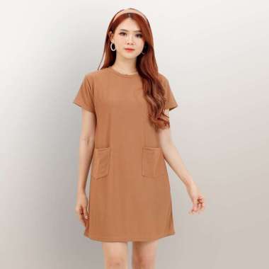 Okechuku ANANDA Mini Dress Tunik Lengan Pendek Gaya Korea Model Terbaru M-L Coklat