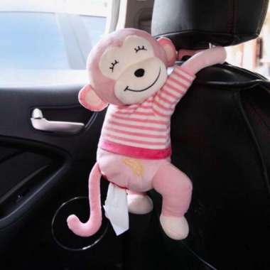 Tempat tisu gantung Kotak Tissue Bentuk Boneka Kartun Monyet untuk Mobil Pink Strip