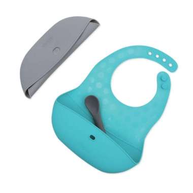 Poket: Portable Silicone Feeding Set - Celemek makan bayi - aqua Aqua