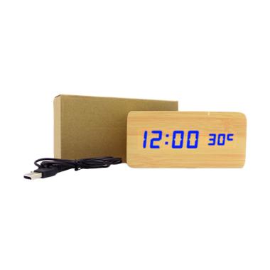 Wooden Digital Clock LED Biru Jam Kayu Digital Besar - Cream