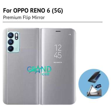 Casing HP FLIP COVER FOR OPPO RENO 6 (5G) CASE PELINDUNG hp FLIP CASE CLEAR VIEW STANDING MIRROR CASING HANDPHONE OPPO RENO 6 (5G) silver