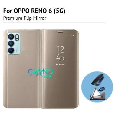 Casing HP FLIP COVER FOR OPPO RENO 6 (5G) CASE PELINDUNG hp FLIP CASE CLEAR VIEW STANDING MIRROR CASING HANDPHONE OPPO RENO 6 (5G) gold