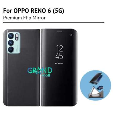 Casing HP FLIP COVER FOR OPPO RENO 6 (5G) CASE PELINDUNG hp FLIP CASE CLEAR VIEW STANDING MIRROR CASING HANDPHONE OPPO RENO 6 (5G) hitam