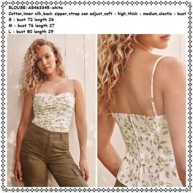 AB463345 Summer Crop Top Tank Top Wanita Korea Import Putih Green Leaf