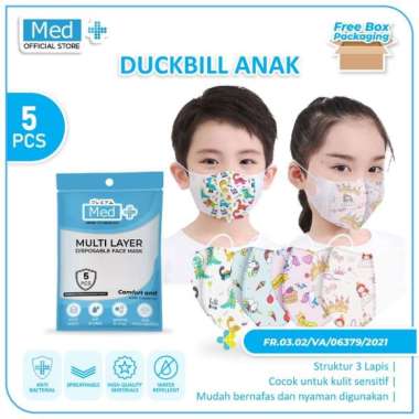 Med+ Masker Duckbill 4Ply Dewasa/Hitam/Putih 5 Pcs / Dan Masker Duckbill Anak Kemenkes Disposable Fa