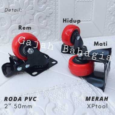 Roda PVC 2 inch 50 mm Merah Mati Hidup Rem Roda Kastor Etalase Troli MATI