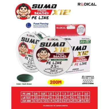 Senar pancing braid pe line radical sumo X12 200m hijau senar PE 200m X12 200m DG 0.8
